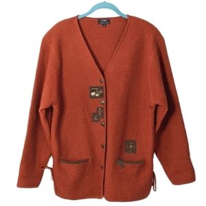 Vintage Lena collection boucle knit embroidered wool cardigan rust brown Small